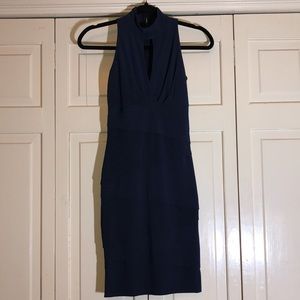 WHBM Navy Instantly Slimming Bandage Keyhole Mock Turtleneck Back Zip SZ00 R2